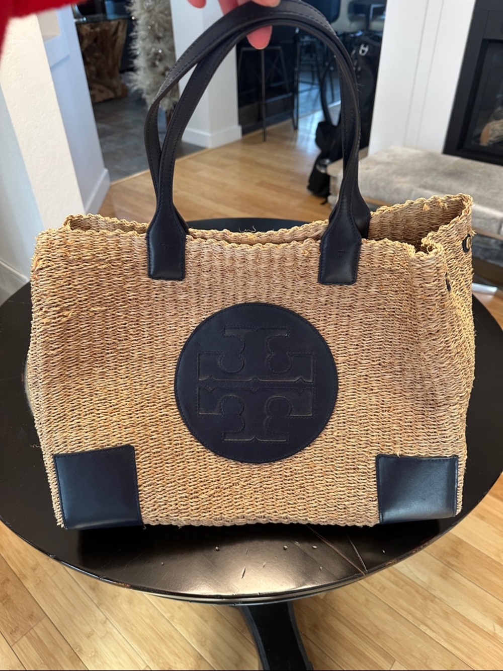 Tory Burch Natural Straw Tote with Navy Leather Trim